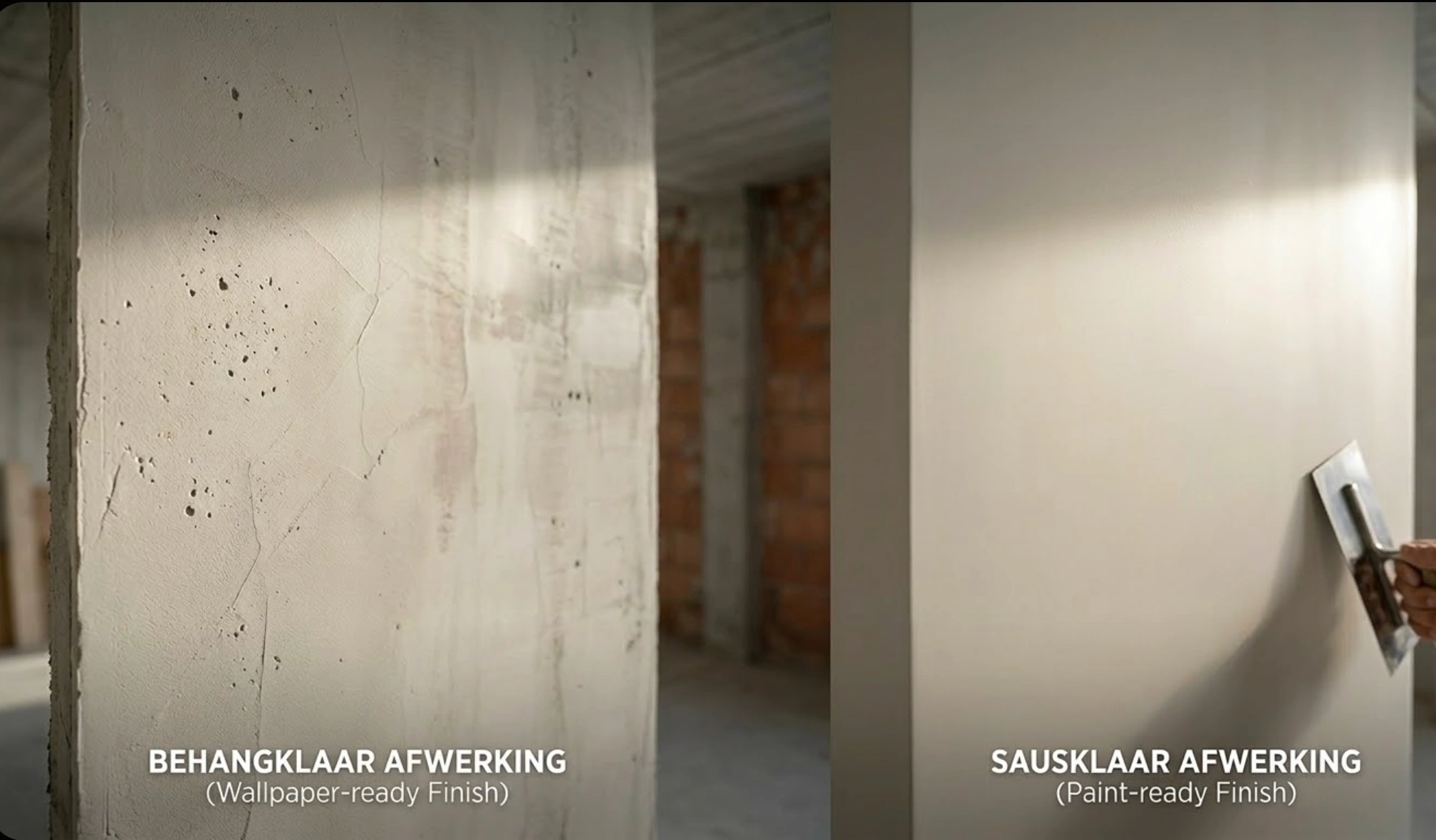 Vergelijking van een behangklare muur en een sausklare muur.