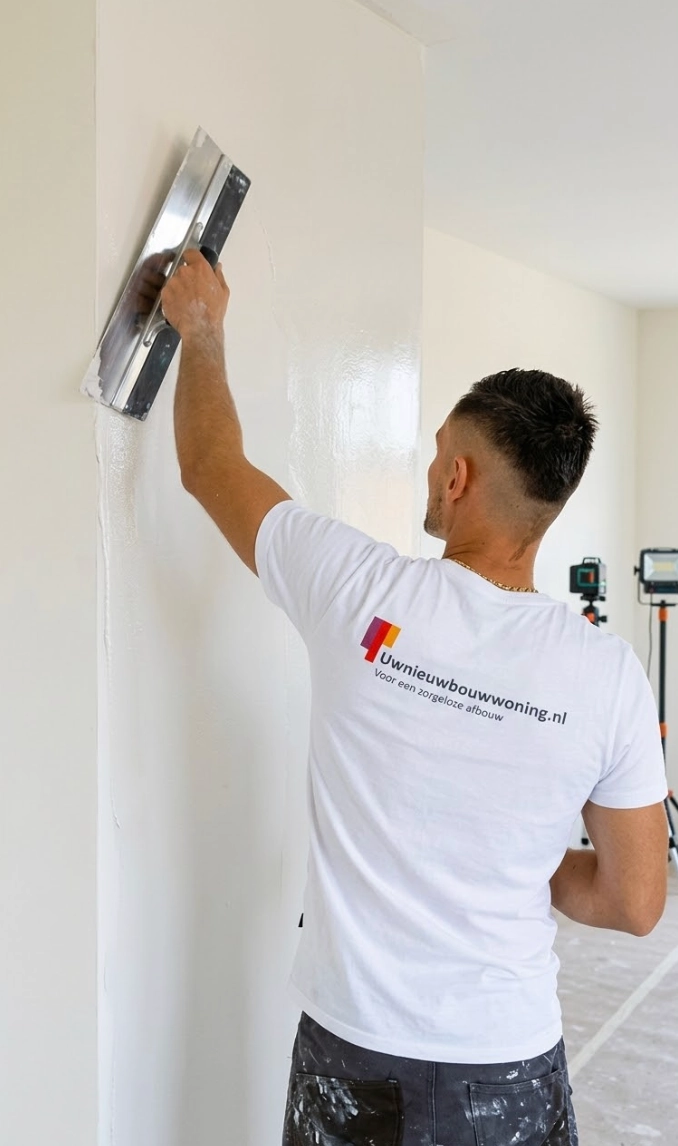 Een vakman van Uwnieuwbouwwoning.nl maakt de muur sausklaar.